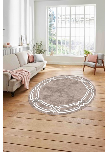 Çerçeveli Kenar Halka Modelli Yıkanabilir Kaymaz Yuvarlak Salon Halısı, Çerçeveli-Y-66-Bej-Beyaz, modelleri