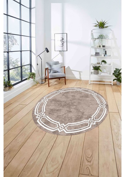 Çerçeveli Kenar Halka Modelli Yıkanabilir Kaymaz Yuvarlak Salon Halısı, Çerçeveli-Y-66-Bej-Beyaz, fırsatları