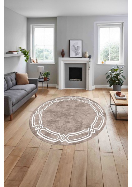 Çerçeveli Kenar Halka Modelli Yıkanabilir Kaymaz Yuvarlak Salon Halısı, Çerçeveli-Y-66-Bej-Beyaz, indirimleri