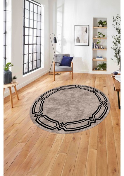 Çerçeveli Kenar Halka Modelli Yıkanabilir Kaymaz Yuvarlak Salon Halısı, Çerçeveli-Y-66-Bej-Siyah,