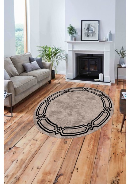 Çerçeveli Kenar Halka Modelli Yıkanabilir Kaymaz Yuvarlak Salon Halısı, Çerçeveli-Y-66-Bej-Siyah, fiyatları