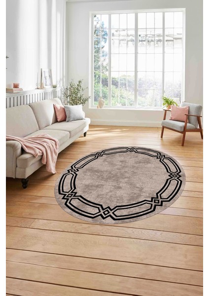 Çerçeveli Kenar Halka Modelli Yıkanabilir Kaymaz Yuvarlak Salon Halısı, Çerçeveli-Y-66-Bej-Siyah, modelleri