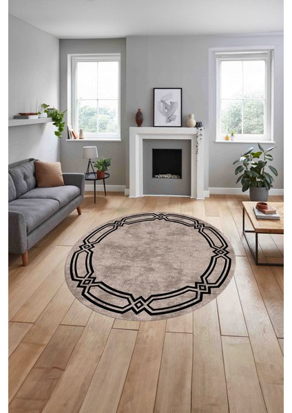 Çerçeveli Kenar Halka Modelli Yıkanabilir Kaymaz Yuvarlak Salon Halısı, Çerçeveli-Y-66-Bej-Siyah, indirimleri