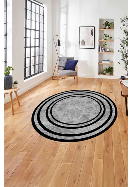 Çerçeveli Sade Düz Desenli Yıkanabilir Kaymaz Yuvarlak Salon Halısı, Çerçeveli-Y-59-Gri,