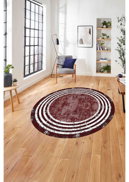 Çerçeveli Çizgi Detaylı Yıkanabilir Kaymaz Yuvarlak Salon Halısı, Çerçeveli-Y-57-Kırmızı,
