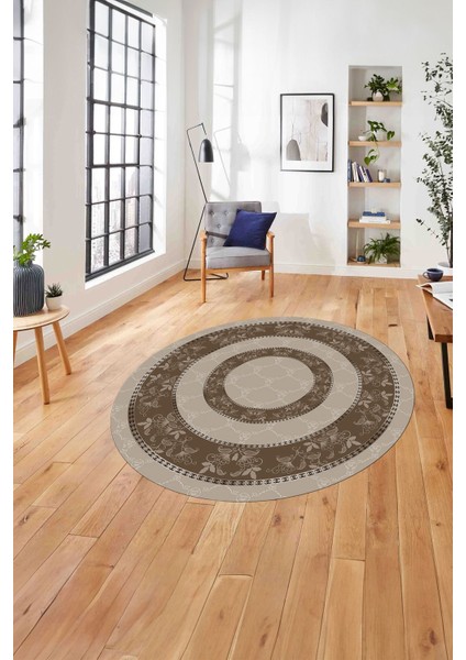 Çerçeveli Çiçek Motifli Yıkanabilir Kaymaz Yuvarlak Salon Halısı, Çerçeveli-Y-85-Kahve,