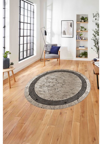Çerçeveli Sade Mermer Desenli Yıkanabilir Kaymaz Yuvarlak Salon Halısı, ÇERÇEVELİ-Y-105-BEJ,
