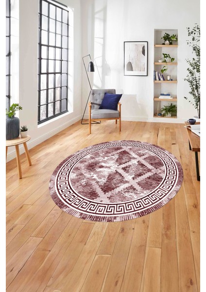 Çerçeveli Hasır Görünümlü Yıkanabilir Kaymaz Yuvarlak Salon Halısı, ÇERÇEVELİ-Y-112-BORDO,