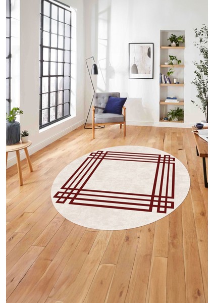 Çerçeveli Geometrik Motifli Yıkanabilir Kaymaz Yuvarlak Salon Halısı, Çerçeveli-Y-67-Bordo,