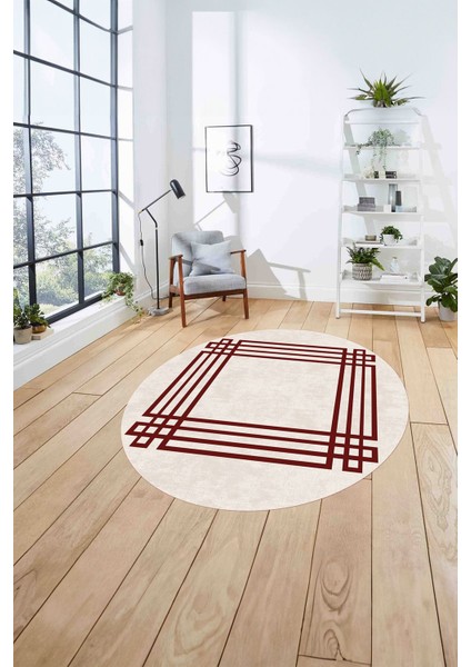 Çerçeveli Geometrik Motifli Yıkanabilir Kaymaz Yuvarlak Salon Halısı, Çerçeveli-Y-67-Bordo, fırsatları