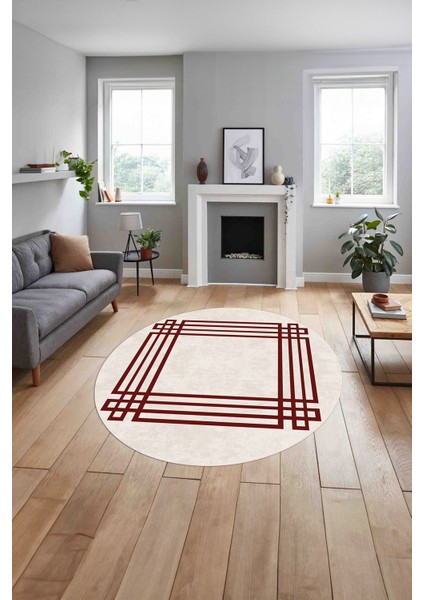 Çerçeveli Geometrik Motifli Yıkanabilir Kaymaz Yuvarlak Salon Halısı, Çerçeveli-Y-67-Bordo, indirimleri
