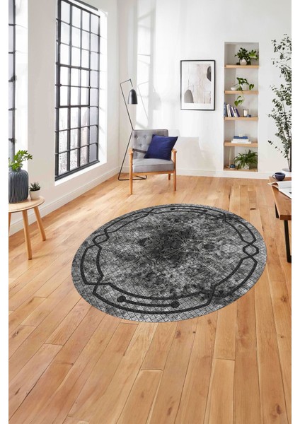 Çerçeveli Hitit Kesme Modelli Yıkanabilir Kaymaz Yuvarlak Salon Halısı, Çerçeveli-Y-63-Gri,
