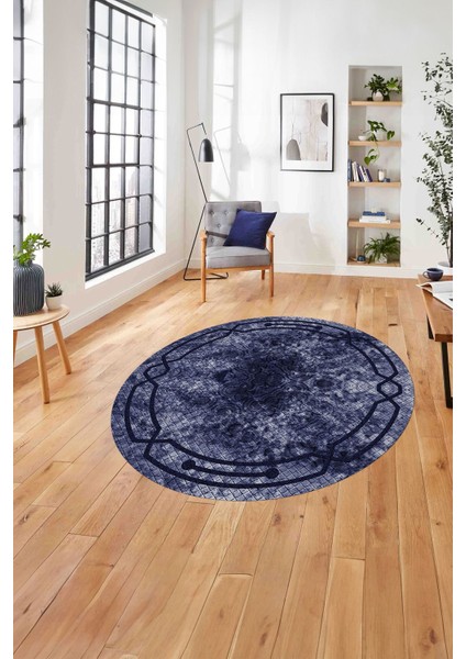 Çerçeveli Hitit Kesme Modelli Yıkanabilir Kaymaz Yuvarlak Salon Halısı, Çerçeveli-Y-63-Lacivert,