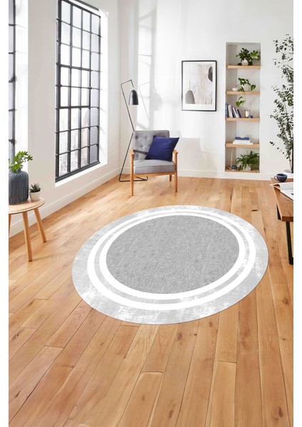 Çerçeveli Kenar Çizgili Model Yıkanabilir Kaymaz Yuvarlak Salon Halısı, Çerçeveli-Y-55-Beyaz,