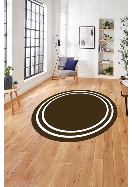 Çerçeveli Geçişli Çizgi Detaylı Yıkanabilir Kaymaz Yuvarlak Salon Halısı, Çerçeveli-Y-54-Kahve,