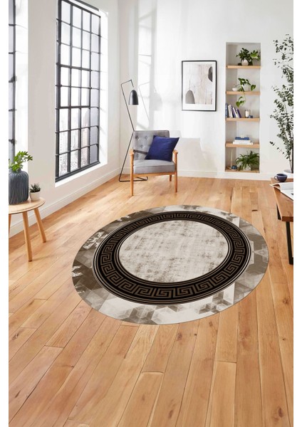 Çerçeveli Modern Klasik Baskılı Yıkanabilir Kaymaz Yuvarlak Salon Halısı, ÇERÇEVELİ-Y-109-KAHVE,