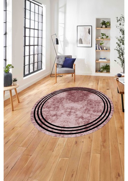 Çerçeveli Kenar Çizgi Motifli Yıkanabilir Kaymaz Yuvarlak Salon Halısı, Çerçeveli-Y-61-Bordo,