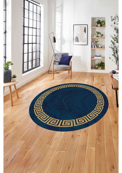 Çerçeveli Vektörel Çizgili Yıkanabilir Kaymaz Yuvarlak Salon Halısı, Çerçeveli-Y-94-Mavi,