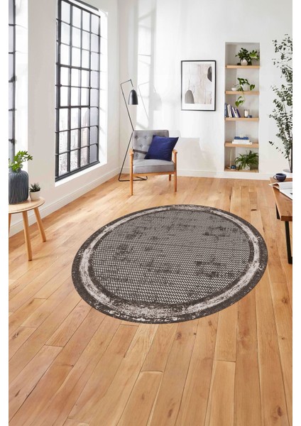 Baskılı Çerçeveli Zigzag Modelli Yıkanabilir Kaymaz Yuvarlak Salon Halısı, Çerçeveli-Y-73-Vizon,