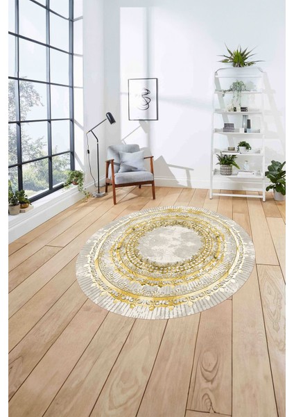 Çerçeveli Otantik Desen Yıkanabilir Kaymaz Yuvarlak Salon Halısı, Çerçeveli-Y-76-Gold, fırsatları