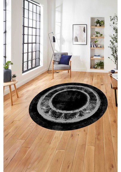Çerçeveli Klasik Modern Baskı Yıkanabilir Kaymaz Yuvarlak Salon Halısı, ÇERÇEVELİ-Y-130-ANTRASİT,