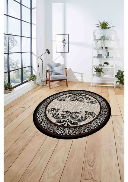 Çerçeveli Akrilik Motifli Yıkanabilir Kaymaz Yuvarlak Salon Halısı, Çerçeveli-Y-83-Kahve, fırsatları