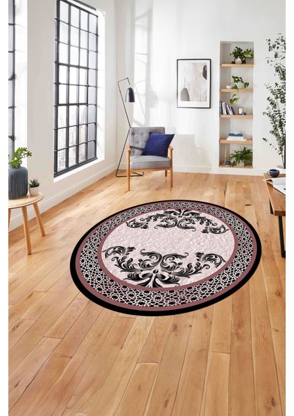 Çerçeveli Akrilik Motifli Yıkanabilir Kaymaz Yuvarlak Salon Halısı, Çerçeveli-Y-83-Kırmızı,