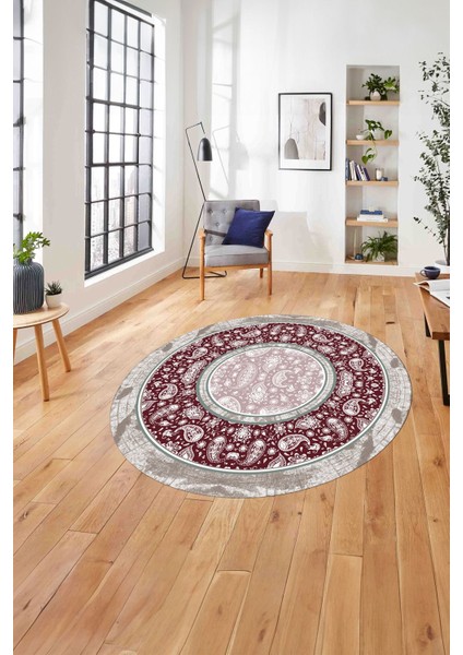 Çerçeveli Desen Motifli Yıkanabilir Kaymaz Yuvarlak Salon Halısı, Çerçeveli-Y-86-Bordo,