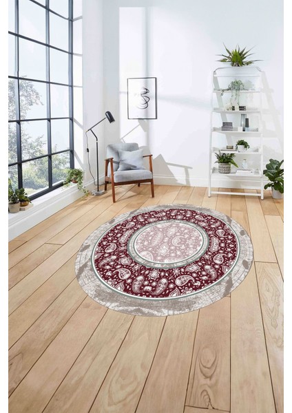 Çerçeveli Desen Motifli Yıkanabilir Kaymaz Yuvarlak Salon Halısı, Çerçeveli-Y-86-Bordo, fırsatları