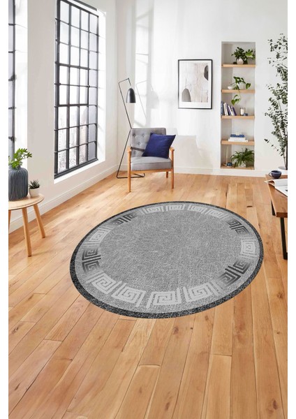 Çerçeveli Vektörel Mermer Desenli Yıkanabilir Kaymaz Yuvarlak Salon Halısı, Çerçeveli-Y-95-Gri,