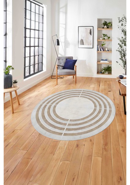 Çerçeveli Dikdörtgen Çizgili Yıkanabilir Kaymaz Yuvarlak Salon Halısı, ÇERÇEVELİ-Y-103-BEJ,