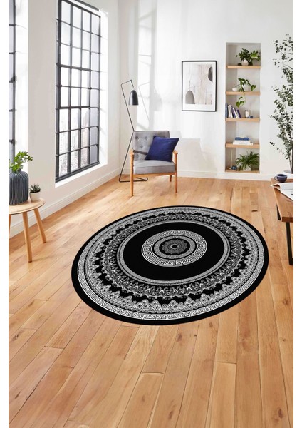 Çerçeveli Göbek Desenli Yıkanabilir Kaymaz Yuvarlak Salon Halısı, Çerçeveli-Y-88-Siyah,