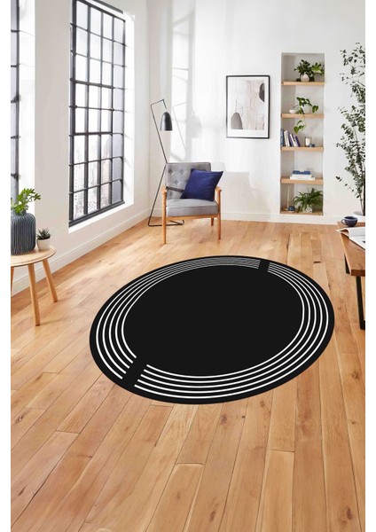 Çerçeveli Düz Çizgi Desenli Yıkanabilir Kaymaz Yuvarlak Salon Halısı, ÇERÇEVELİ-Y-102-ANTRASİT,