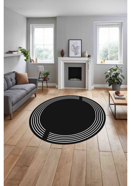 Çerçeveli Düz Çizgi Desenli Yıkanabilir Kaymaz Yuvarlak Salon Halısı, ÇERÇEVELİ-Y-102-ANTRASİT, indirimleri