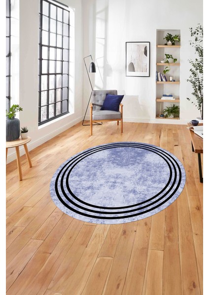 Çerçeveli Kenar Çizgi Motifli Yıkanabilir Kaymaz Yuvarlak Salon Halısı, Çerçeveli-Y-61-Mavi,