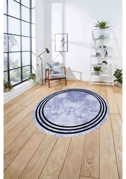 Çerçeveli Kenar Çizgi Motifli Yıkanabilir Kaymaz Yuvarlak Salon Halısı, Çerçeveli-Y-61-Mavi, fırsatları