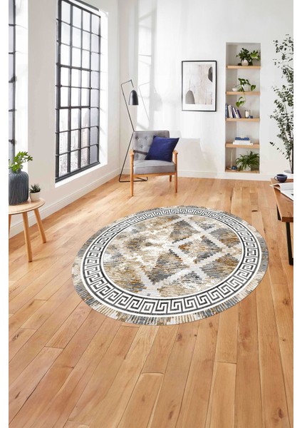 Çerçeveli Hasır Görünümlü Yıkanabilir Kaymaz Yuvarlak Salon Halısı, ÇERÇEVELİ-Y-112-BEJ,