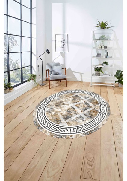 Çerçeveli Hasır Görünümlü Yıkanabilir Kaymaz Yuvarlak Salon Halısı, ÇERÇEVELİ-Y-112-BEJ, fırsatları