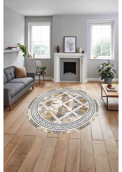 Çerçeveli Hasır Görünümlü Yıkanabilir Kaymaz Yuvarlak Salon Halısı, ÇERÇEVELİ-Y-112-BEJ, indirimleri