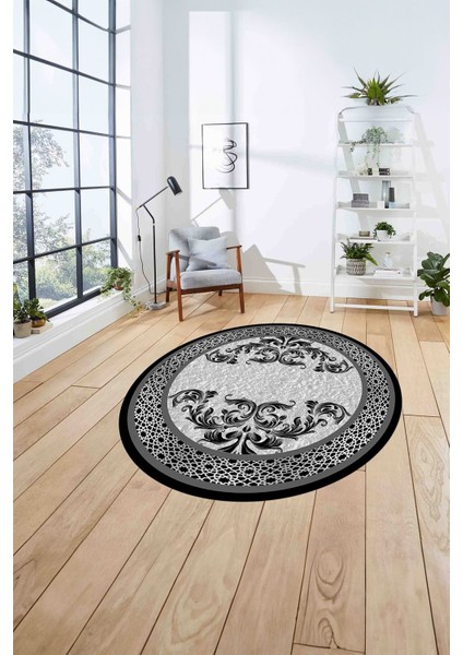 Çerçeveli Akrilik Motifli Yıkanabilir Kaymaz Yuvarlak Salon Halısı, Çerçeveli-Y-83-Gri, fırsatları