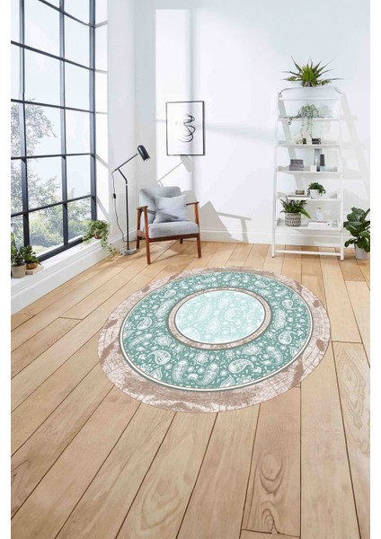 Çerçeveli Desen Motifli Yıkanabilir Kaymaz Yuvarlak Salon Halısı, Çerçeveli-Y-86-Turkuaz, fırsatları