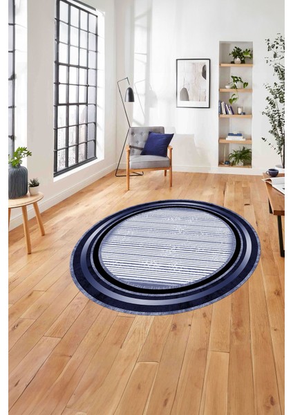 Çerçeveli Modern Çizgi Desenli Yıkanabilir Kaymaz Yuvarlak Salon HALISI,ÇERÇEVELİ-Y-120-LACİVERT,