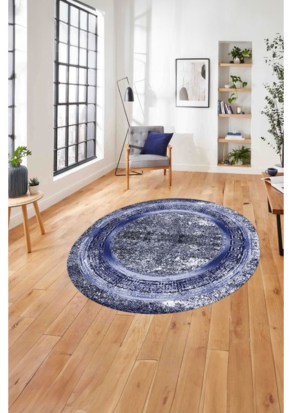 Çerçeveli Modern Sade Baskılı Yıkanabilir Kaymaz Yuvarlak Salon Halısı, ÇERÇEVELİ-Y-119-LACİVERT,