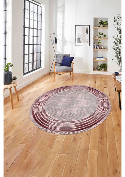 Çerçeveli Çizgi Detaylı Baskılı Yıkanabilir Kaymaz Yuvarlak Salon Halısı, Çerçeveli-Y-87-Bordo,