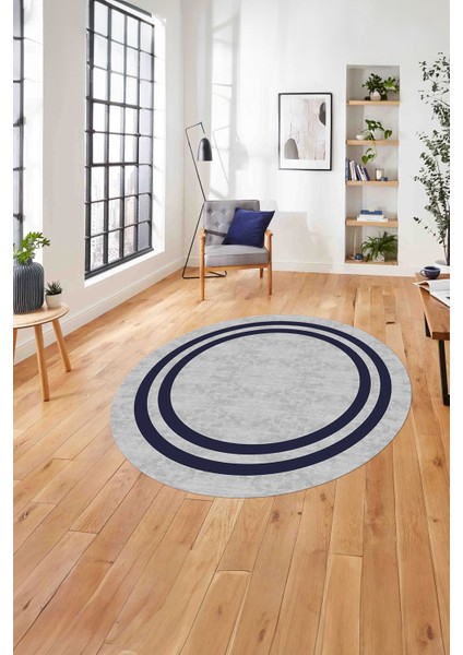 Çerçeveli Kenar Çizgi Desenli Yıkanabilir Kaymaz Yuvarlak Salon Halısı, Çerçeveli-Y-56-Lacivert,