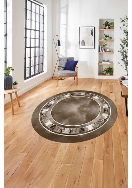 Çerçeveli Modern Dijital Baskılı Yıkanabilir Kaymaz Yuvarlak Salon Halısı, ÇERÇEVELİ-Y-117-KAHVE,