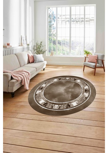 Çerçeveli Modern Dijital Baskılı Yıkanabilir Kaymaz Yuvarlak Salon Halısı, ÇERÇEVELİ-Y-117-KAHVE, modelleri