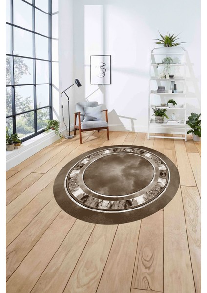 Çerçeveli Modern Dijital Baskılı Yıkanabilir Kaymaz Yuvarlak Salon Halısı, ÇERÇEVELİ-Y-117-KAHVE, fırsatları