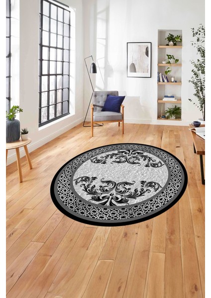Çerçeveli Akrilik Motifli Yıkanabilir Kaymaz Yuvarlak Salon Halısı, Çerçeveli-Y-83-Gri,
