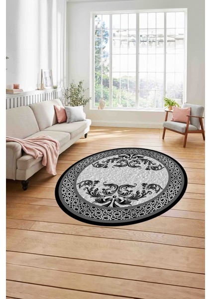 Çerçeveli Akrilik Motifli Yıkanabilir Kaymaz Yuvarlak Salon Halısı, Çerçeveli-Y-83-Gri, modelleri